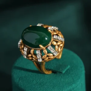 Bagues ovales vintage couleur or vert émeraude cadeau pour mère, pierre naturelle, zircone cubique blanche, accessoires rétro