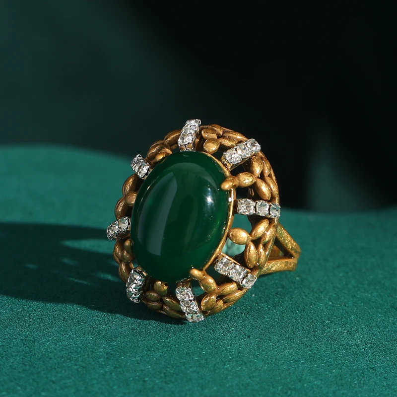 Bagues ovales vintage couleur or vert émeraude cadeau pour mère, pierre naturelle, zircone cubique blanche, accessoires rétro – Image 2