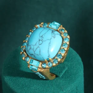 Bague carrée vintage en turquoise, pierre naturelle bleue, strass, plaqué or antique, de luxe, de marque, pour soirée