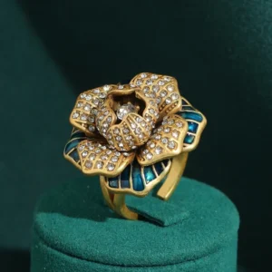 Bagues vintage en strass fleur rose couleur or camélia romantique émail bleu bijoux de luxe designer en cuivre