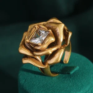 Anneaux en forme de rose et de camélia couleur or antique, zircon blanc, élégants, accessoires rétro de mariage