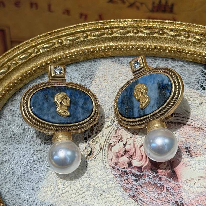 Boucles d'oreilles vintage en lapis-lazuli avec perle et camée, couleur or, pierre bleue avatar, mariage, anniversaire – Image 6