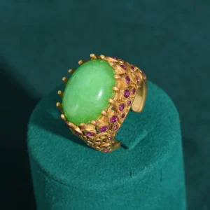 Bague couronne vintage avec pierre ovale vert clair et strass, couleur or antique, pour mariage