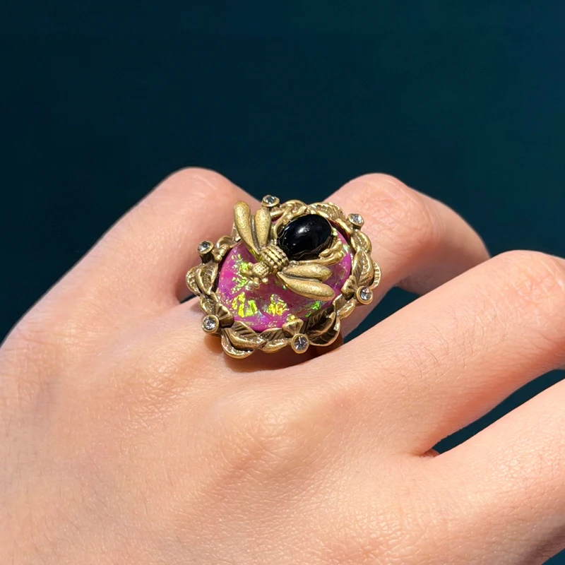 Bague vintage en opale abeille rose plaqué or antique, strass, motif papillon, réglable, anniversaire – Image 5