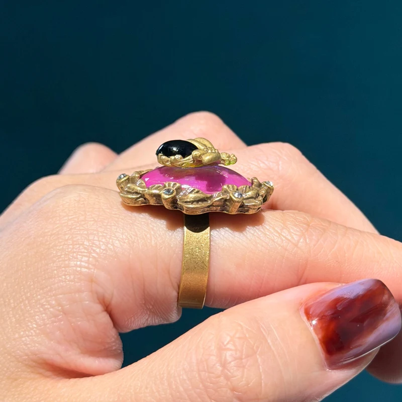 Bague vintage en opale abeille rose plaqué or antique, strass, motif papillon, réglable, anniversaire – Image 3