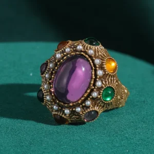 Bagues vintage en glaçure violette, cristal, perle, ovales colorées, couleur or, luxe, saint-valentin