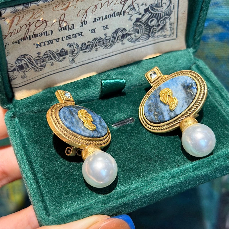 Boucles d'oreilles vintage en lapis-lazuli avec perle et camée, couleur or, pierre bleue avatar, mariage, anniversaire – Image 2