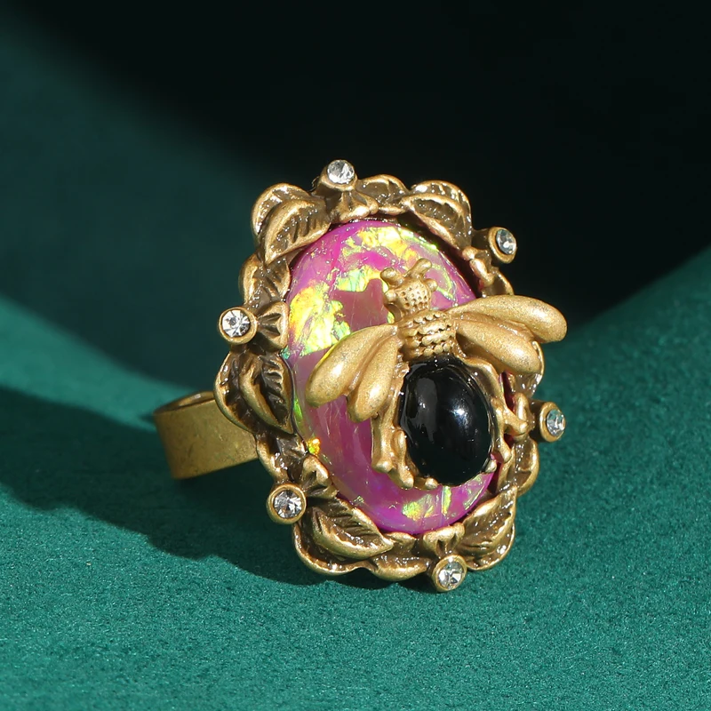Bague vintage en opale abeille rose plaqué or antique, strass, motif papillon, réglable, anniversaire – Image 2