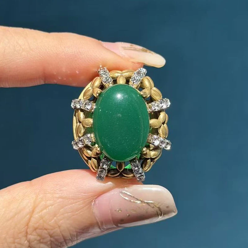 Bagues ovales vintage couleur or vert émeraude cadeau pour mère, pierre naturelle, zircone cubique blanche, accessoires rétro – Image 3