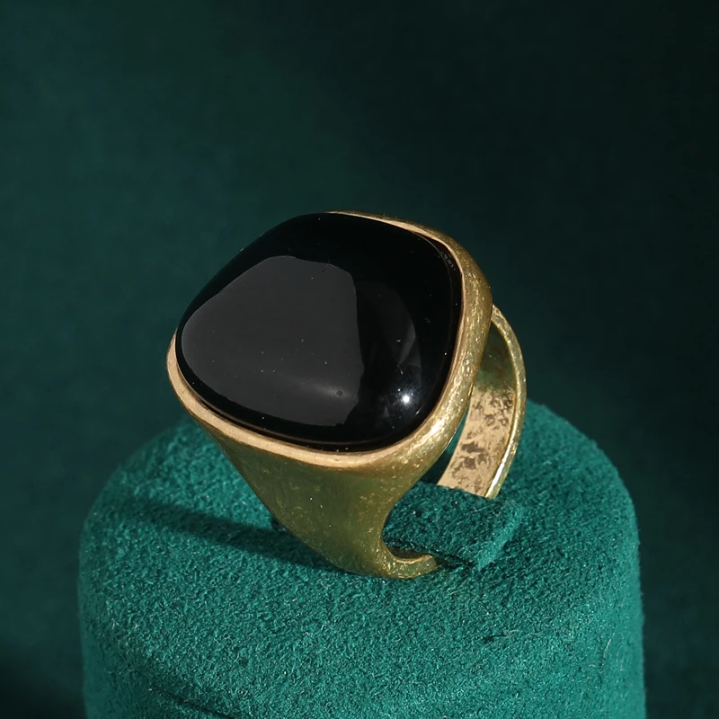 Bagues vintage en pierre naturelle lisse noire bijoux de luxe de qualité, couleur or antique, designer, pour fêtes et thanksgiving
