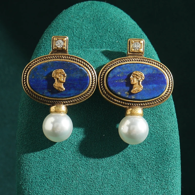 Boucles d'oreilles vintage en lapis-lazuli avec perle et camée, couleur or, pierre bleue avatar, mariage, anniversaire – Image 3