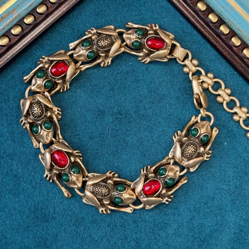 Bracelets vintage en or antique avec breloque crapaud chaîne en pierre naturelle rouge, halloween – Image 7