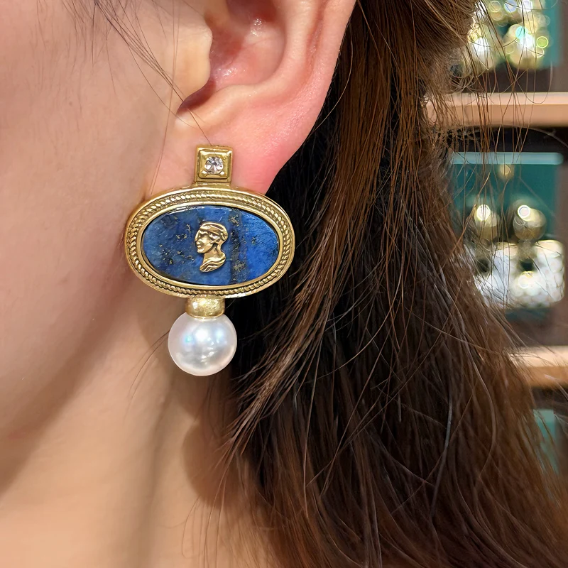 Boucles d'oreilles vintage en lapis-lazuli avec perle et camée, couleur or, pierre bleue avatar, mariage, anniversaire – Image 4