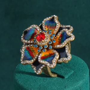 Bagues vintage grandes fleurs émail goutte d'huile malachite bleue bijoux de luxe plaqué or antique strass dégradé marques designer mariage