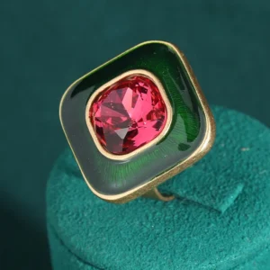 Bagues vintage en cristal rose carré émail vert, couleur or antique, accessoires de fête rétro de luxe, nouveauté été