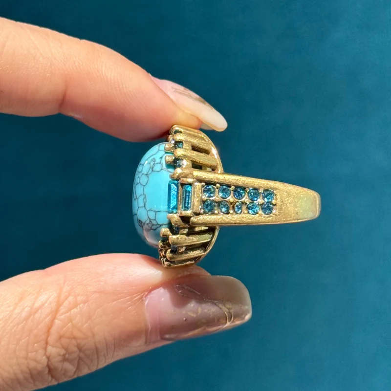 Bague carrée vintage en turquoise, pierre naturelle bleue, strass, plaqué or antique, de luxe, de marque, pour soirée – Image 6