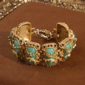 Bracelet vintage imitation jade en pierre naturelle, couleur or 18 carats, bracelet large avec strass