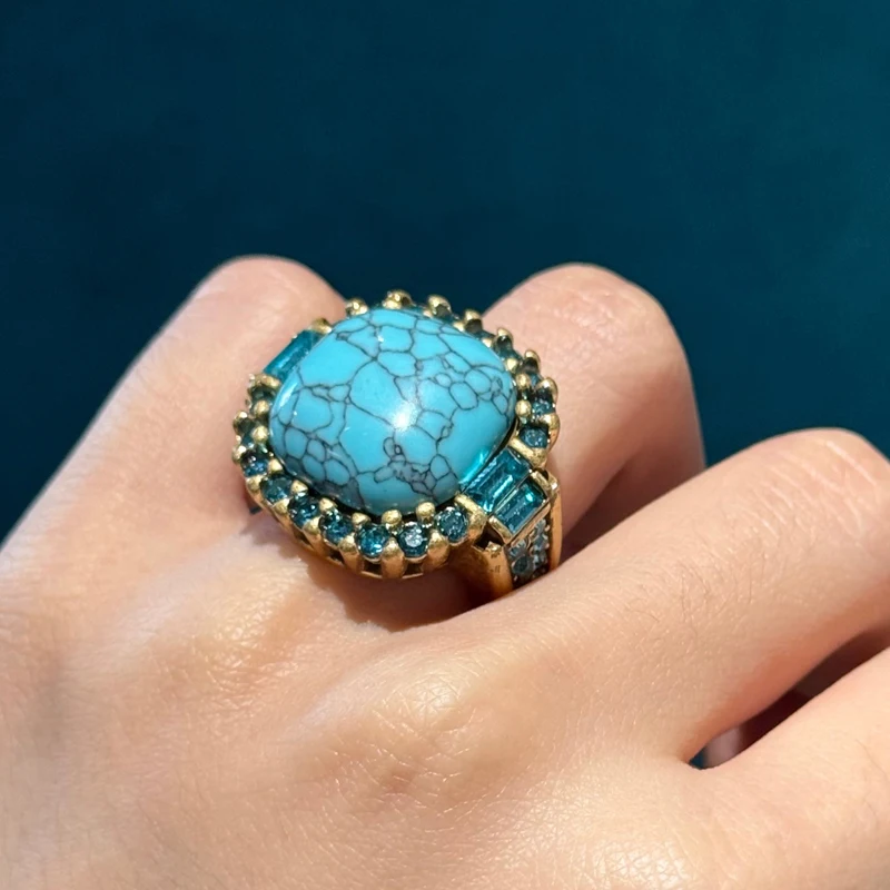Bague carrée vintage en turquoise, pierre naturelle bleue, strass, plaqué or antique, de luxe, de marque, pour soirée – Image 5