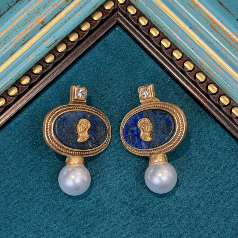 Boucles d'oreilles vintage en lapis-lazuli avec perle et camée, couleur or, pierre bleue avatar, mariage, anniversaire – Image 5