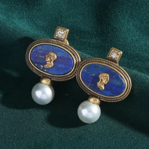 Boucles d'oreilles vintage en lapis-lazuli avec perle et camée, couleur or, pierre bleue avatar, mariage, anniversaire