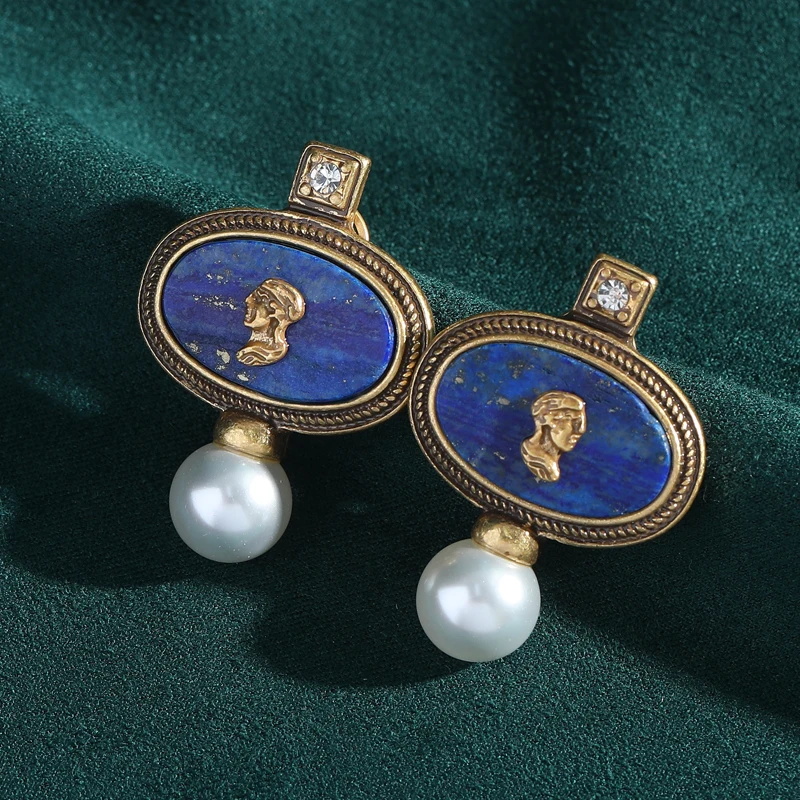 Boucles d'oreilles vintage en lapis-lazuli avec perle et camée, couleur or, pierre bleue avatar, mariage, anniversaire