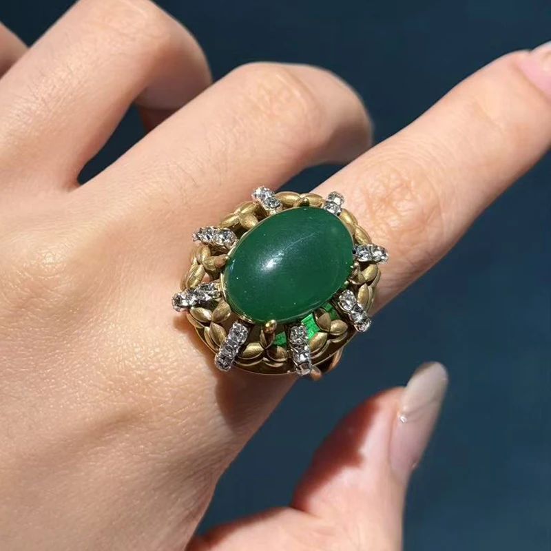 Bagues ovales vintage couleur or vert émeraude cadeau pour mère, pierre naturelle, zircone cubique blanche, accessoires rétro – Image 6