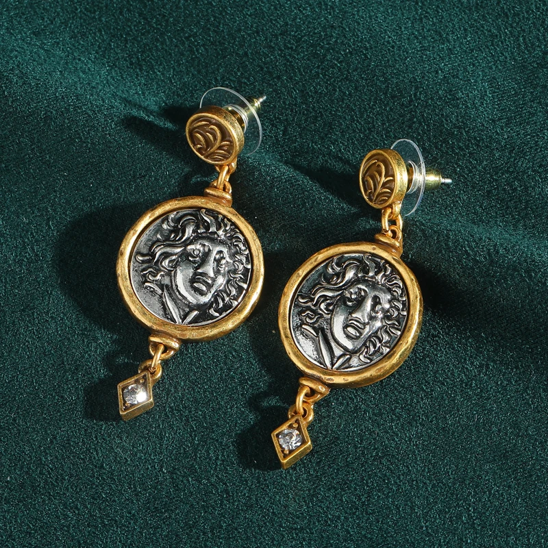 Boucles d'oreilles pendantes avec pièces de monnaie anciennes, accessoires en strass blancs, rétro années 1920-1990, luxe, créateur