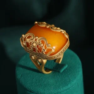 Nouvelles bagues vintage carrées en pierre naturelle jaune couleur or, bijoux de luxe en cuivre antique effet cire d'abeille, mode fille