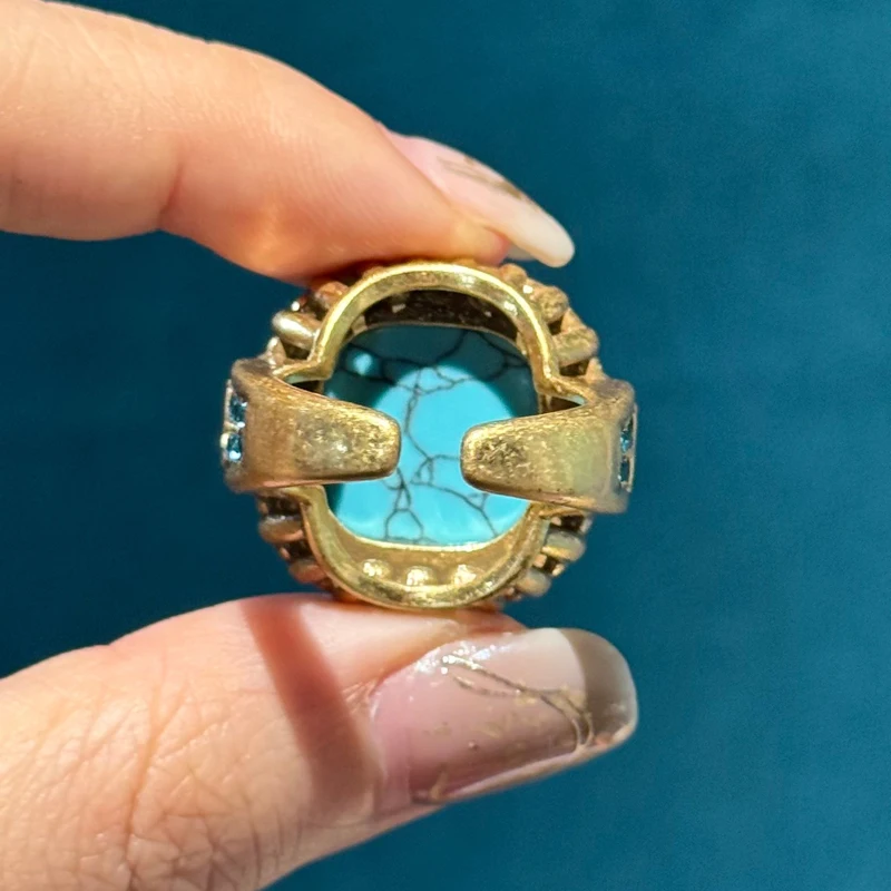 Bague carrée vintage en turquoise, pierre naturelle bleue, strass, plaqué or antique, de luxe, de marque, pour soirée – Image 7