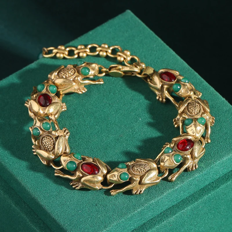 Bracelets vintage en or antique avec breloque crapaud chaîne en pierre naturelle rouge, halloween
