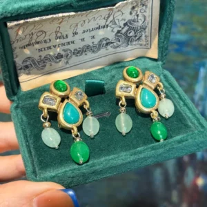 Boucles d'oreilles pendantes vintage imitation jade avec pampilles et gouttes d'eau, pierre naturelle verte, couleur or, style antique, créateur, femme