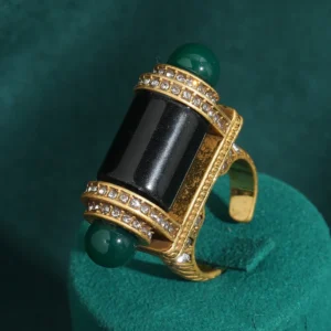 Bague vintage en agate noire tête de balle, pierre naturelle verte, bijou de luxe doré gothique, marque de créateur