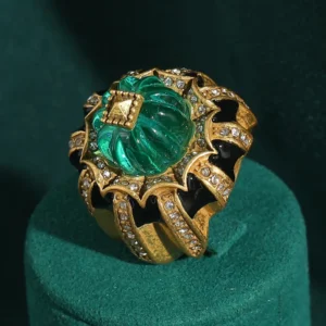 Bagues vintage en résine vert citrouille avec strass couleur or et effet goutte d'huile noire, bijoux de luxe pour mariage, fête, thanksgiving