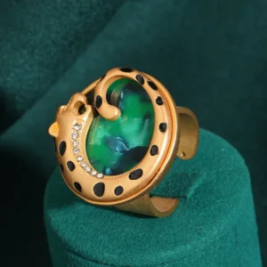 Bagues vintage en pierre naturelle vert léopard, coquille d'abalone, couleur or élégante, marques de luxe, pour la plage et le quotidien
