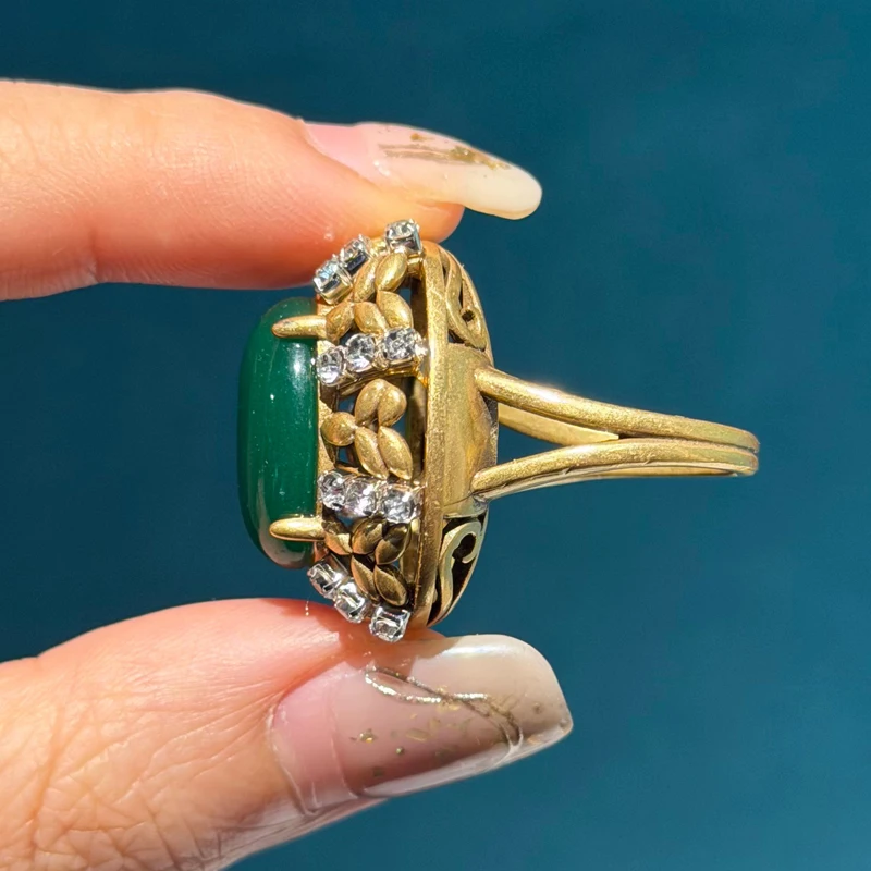 Bagues ovales vintage couleur or vert émeraude cadeau pour mère, pierre naturelle, zircone cubique blanche, accessoires rétro – Image 5
