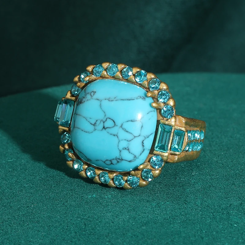 Bague carrée vintage en turquoise, pierre naturelle bleue, strass, plaqué or antique, de luxe, de marque, pour soirée – Image 2
