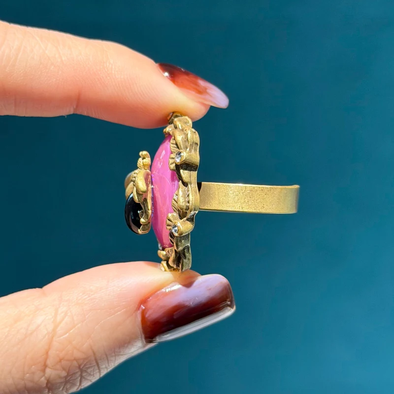 Bague vintage en opale abeille rose plaqué or antique, strass, motif papillon, réglable, anniversaire – Image 6