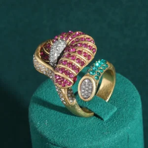 Bague fleur de pavot rouge et vert vintage avec strass, couleur or antique, rétro, anniversaire