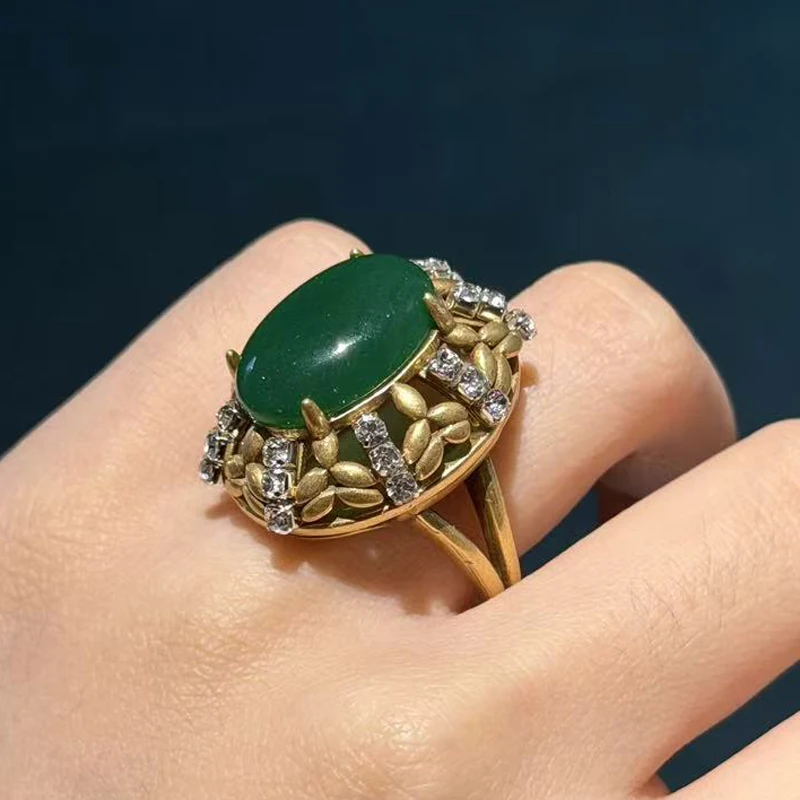 Bagues ovales vintage couleur or vert émeraude cadeau pour mère, pierre naturelle, zircone cubique blanche, accessoires rétro – Image 4