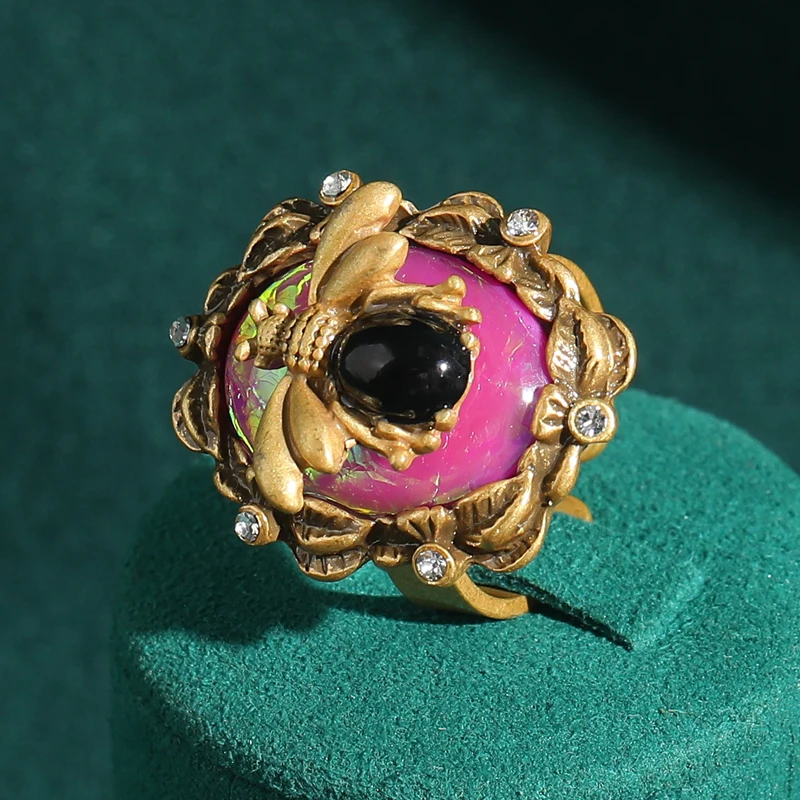 Bague vintage en opale abeille rose plaqué or antique, strass, motif papillon, réglable, anniversaire