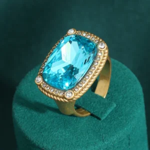 Bague carrée vintage en cristal bleu couleur or antique, strass rétro de luxe, accessoires élégants